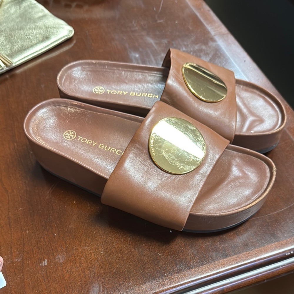 Tory Burch Paris Slide Brown and Gold Sandals with Elegant Design